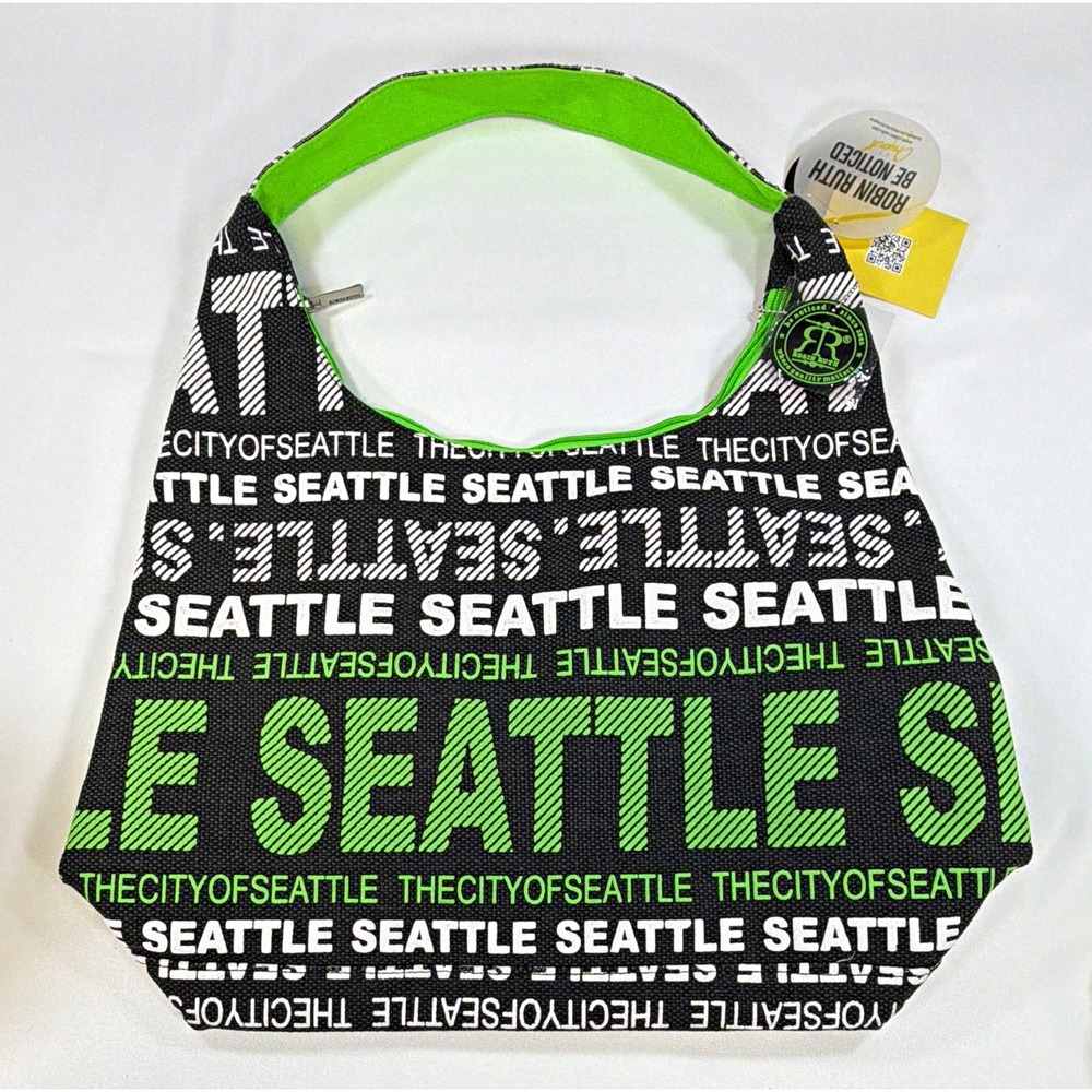 Robin Ruth Seattle City Print Large Shoulder Bag Black/Green/White Zip Pockets